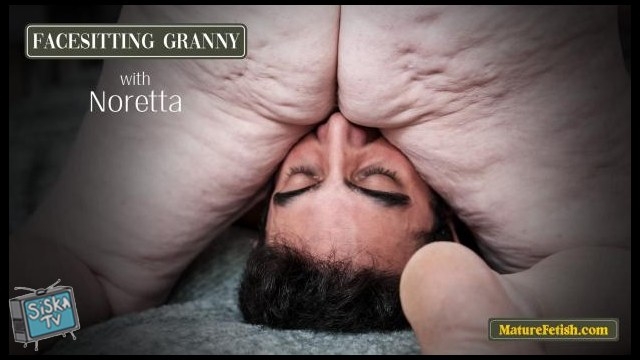 Noretta - Saggy tits Noretta sits on young mans face with hairy granny pussy