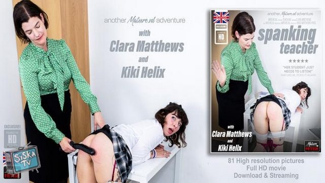 Clara Matthews, Kiki Helix - Hot lesbian student Kiki Helix gets her ass red hot spanked by strict teacher Clara Matthews